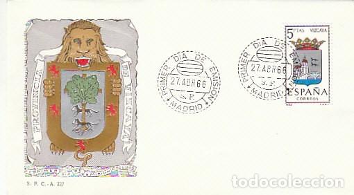 Sellos: EDIFIL 1699, ESCUDO DE VIZCAYA, PRIMER DIA MATASELLO DE MADRID DE 1966, SOBRE DEL SFC