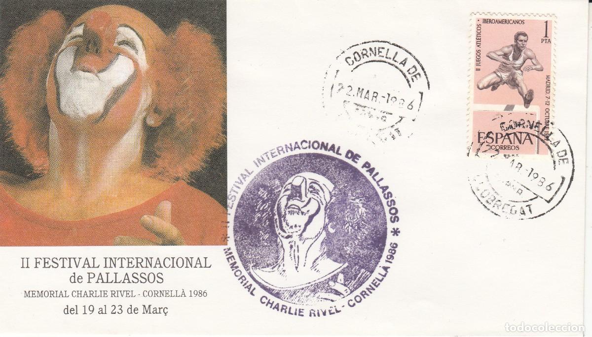 Sellos: 1986 - MATASELLOS CORNELL&Agrave; DE LLOBREGAT- FESTIVAL INTERNACIONAL DE PALLASSOS - CHARLIE RIVEL