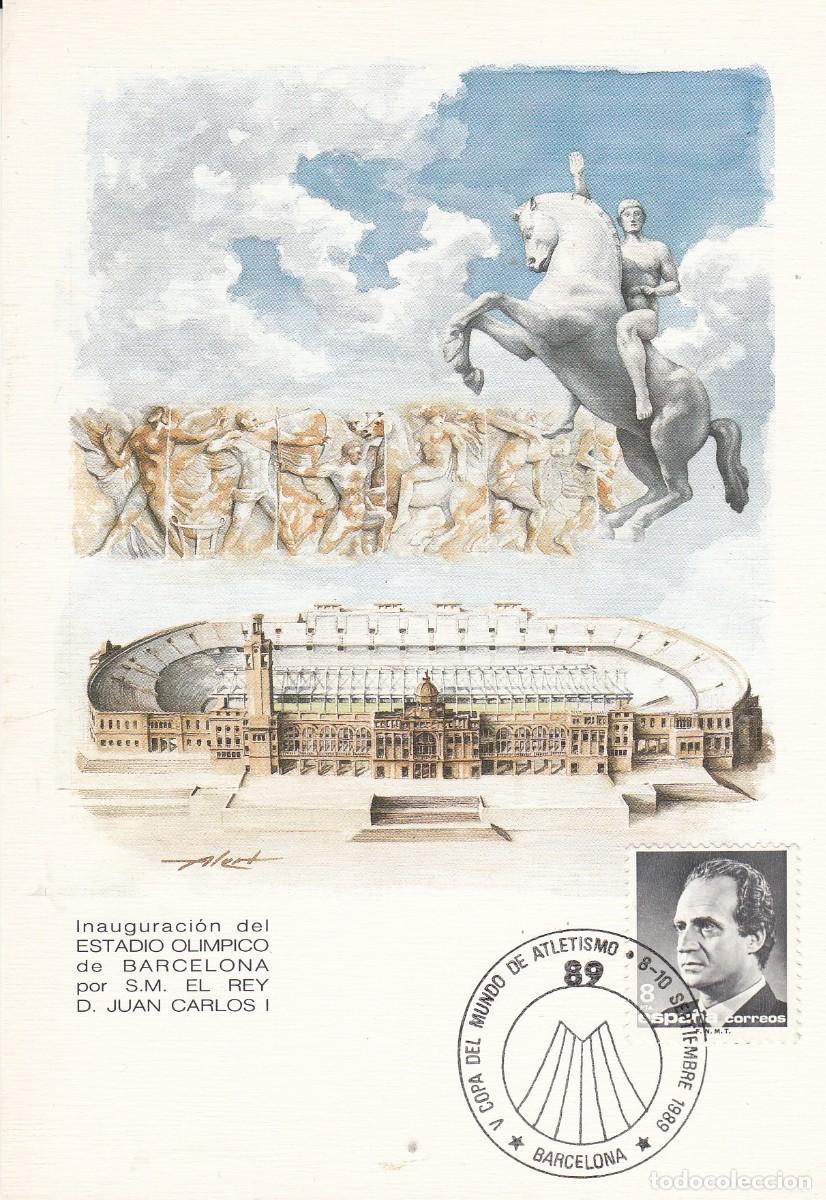 Sellos: 1989 - MATASELLOS COPA DEL MUNDO DE ATLETISMO - BARCELONA - EN POSTAL INAUGURACI&Oacute;N ESTADIO OL&Iacute;MPICO