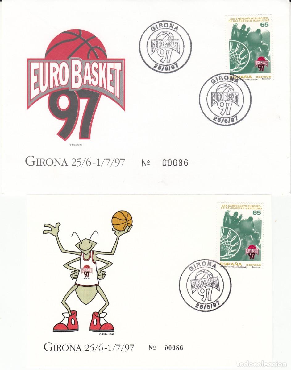 Sellos: 1997 - MATASELLOS EUROBASKET 97 - GIRONA EN SOBRE Y TARJETA M&Aacute;XIMA . -MISMO N&Uacute;MERO-
