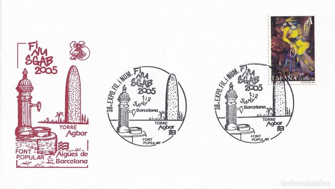 Sellos: Sobre Barcelona - Finusgab 2005 - Font popular - Torre Agbar - Aig&uuml;es de Barcelona - Exp Fil. i Num.