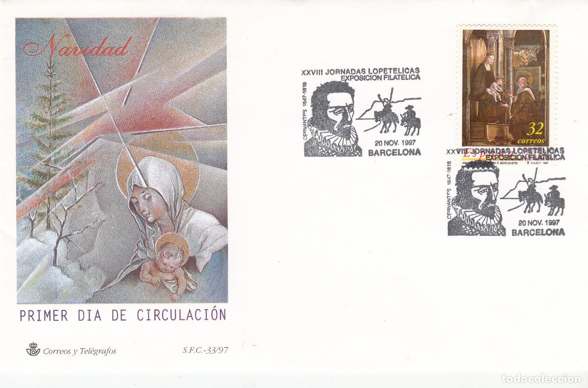 Sellos: 1997 - MATASELLOS - CERVANTES - QUIJOTE - JORNADAS LOPET&Eacute;LICAS -BARCELONA- EN SPD NAVIDAD