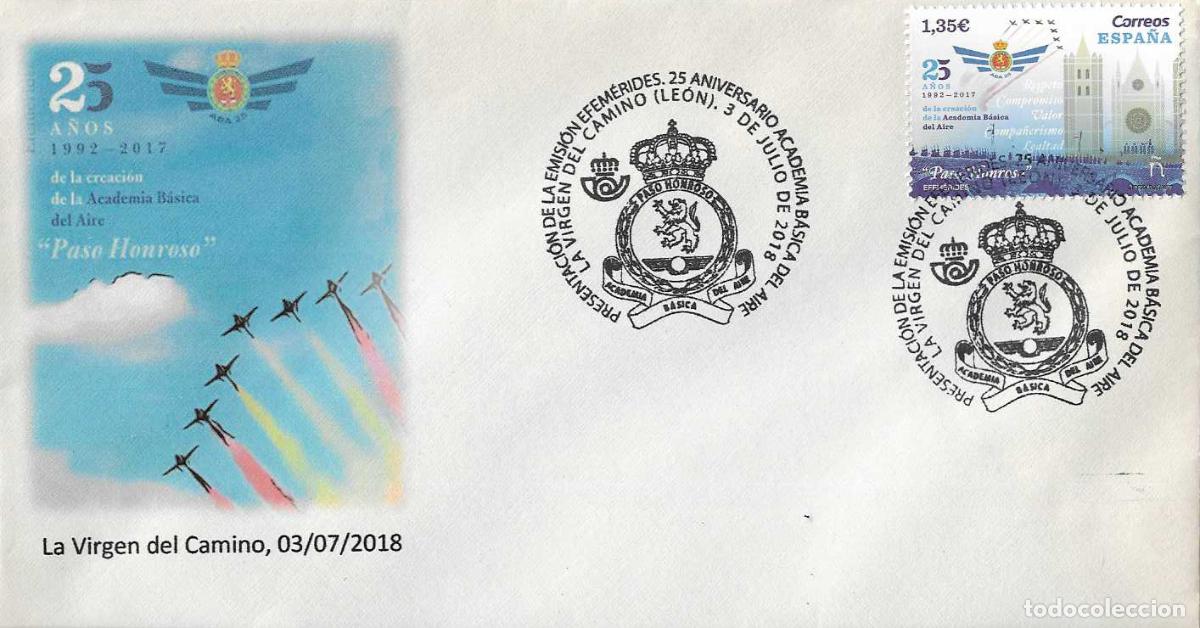 Sellos: ACADEMIA BASICA DEL AIRE 25 ANIV 2018 (EDIFIL 5239) EN RARO SPD PRESENTACION VIRGEN DEL CAMINO (LEON