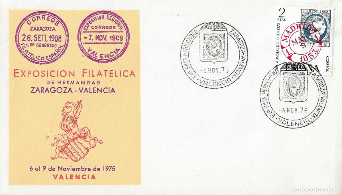 Sellos: HERMANDAD ZARAGOZA-VALENCIA EXPOSICION, VALENCIA 6 NOVIEMBRE 1975 MATASELLOS EN RARO SOBRE ILUSTRADO