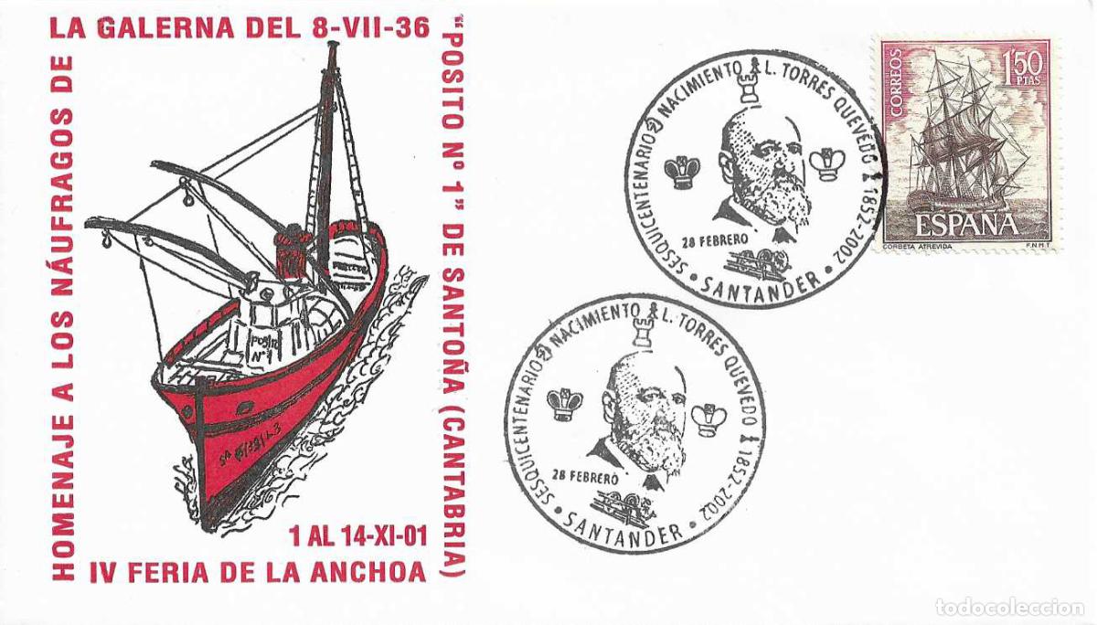 Sellos: L TORRES QUEVEDO SESQUICENTENARIO NACIMIENTO, SANTANDER 2002. MATASELLOS EN RARO SOBRE ILUSTRADO