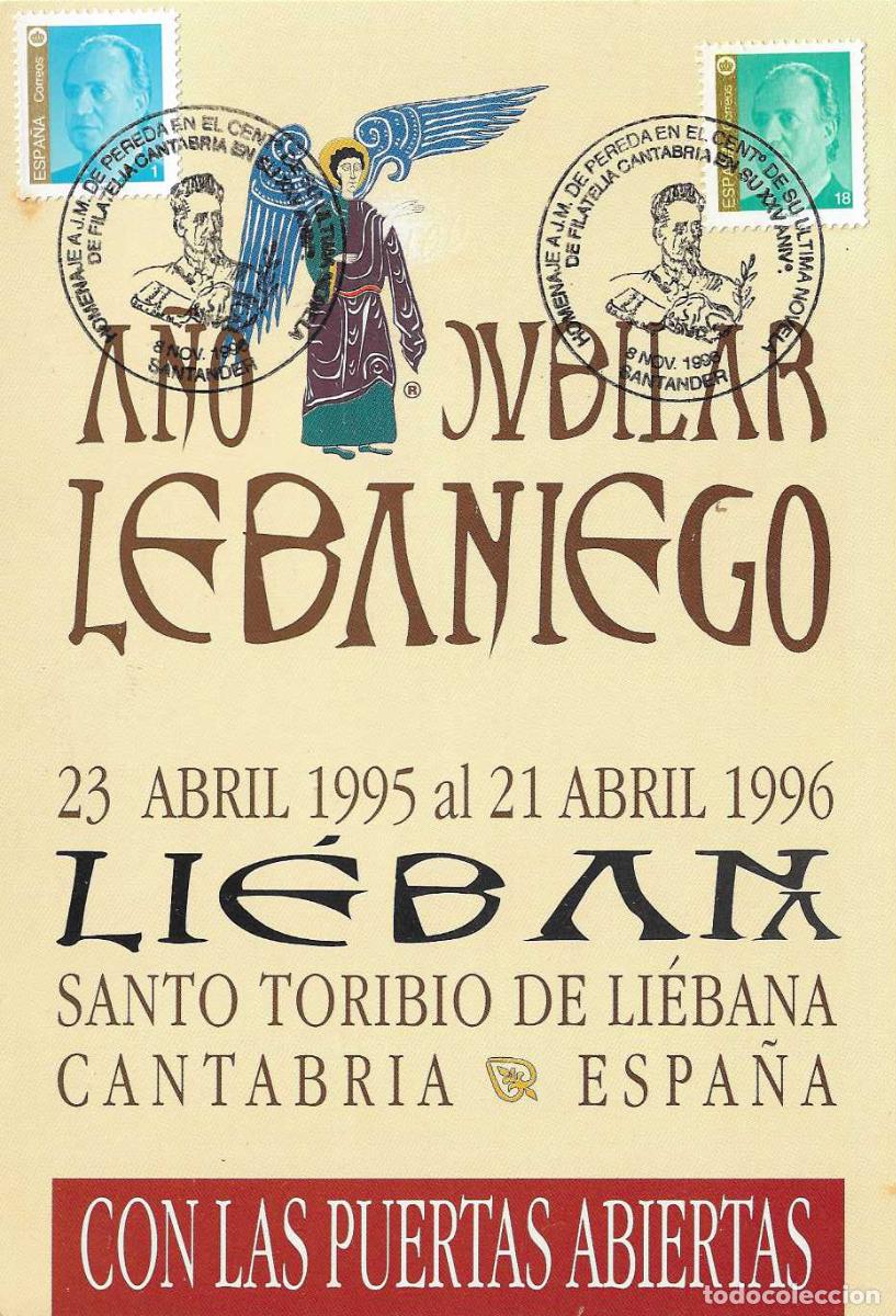 Sellos: JOSE MARIA DE PEREDA HOMENAJE, SANTANDER (CANTABRIA) 1996. MATASELLOS TARJETA A&Ntilde;O JUBILAR LEBANIEGO
