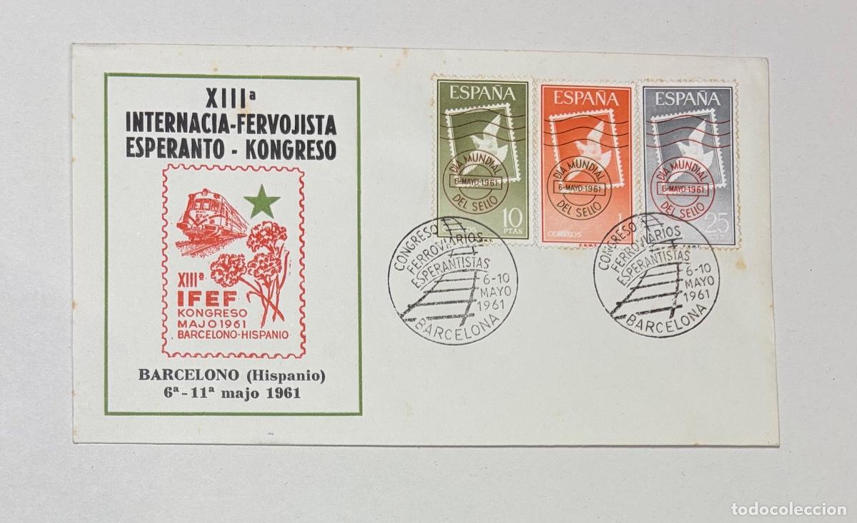 Sellos: SOBRE Y MATASELLOS TEMA FERROCARRIL - CONGRESO FERROVIARIOS -ESPERANTO- BARCELONA 1961