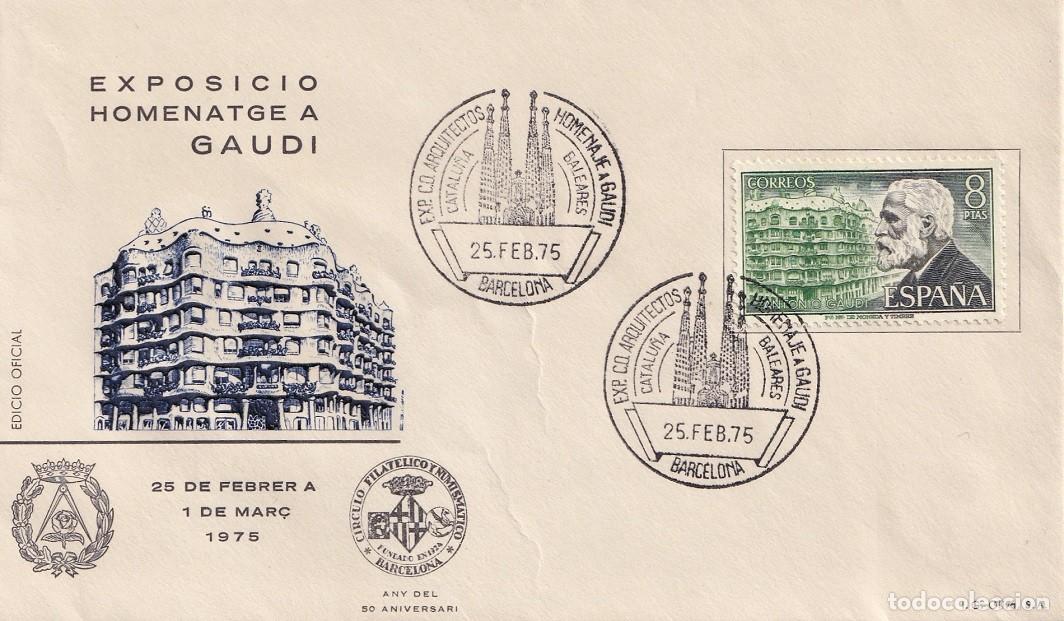 Sellos: Sobre edic oficial Barcelona 1975 - Exposici&oacute; homenatge a Gaud&iacute; - Exposici&oacute; Co. Arquitectos Homenaje
