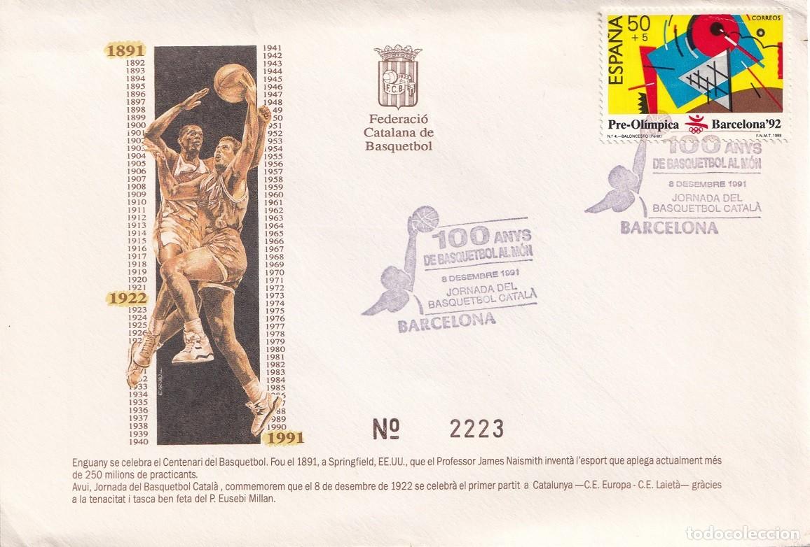 Sellos: Sobre Barcelona 1991 - 100 Anys de Basquetbol al m&oacute;n - 8.12.1991 Jornada del Basquetbol catal&agrave;