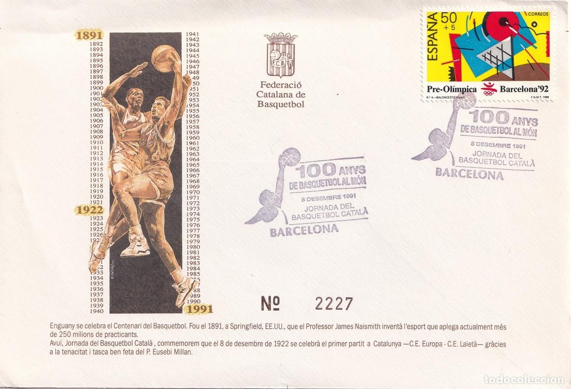 Sellos: Sobre Barcelona 1991 - 100 Anys de Basquetbol al m&oacute;n - 8.12.1991 Jornada del Basquetbol catal&agrave;