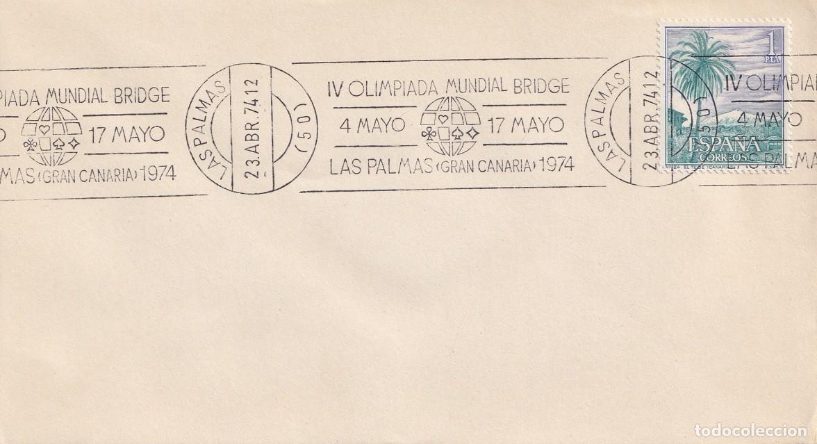 Sellos: Sobre Las Palmas 1974 Matasellos rodillo - IV Olimpiada mundial bridge del 4 al 17 mayo Gran Canaria