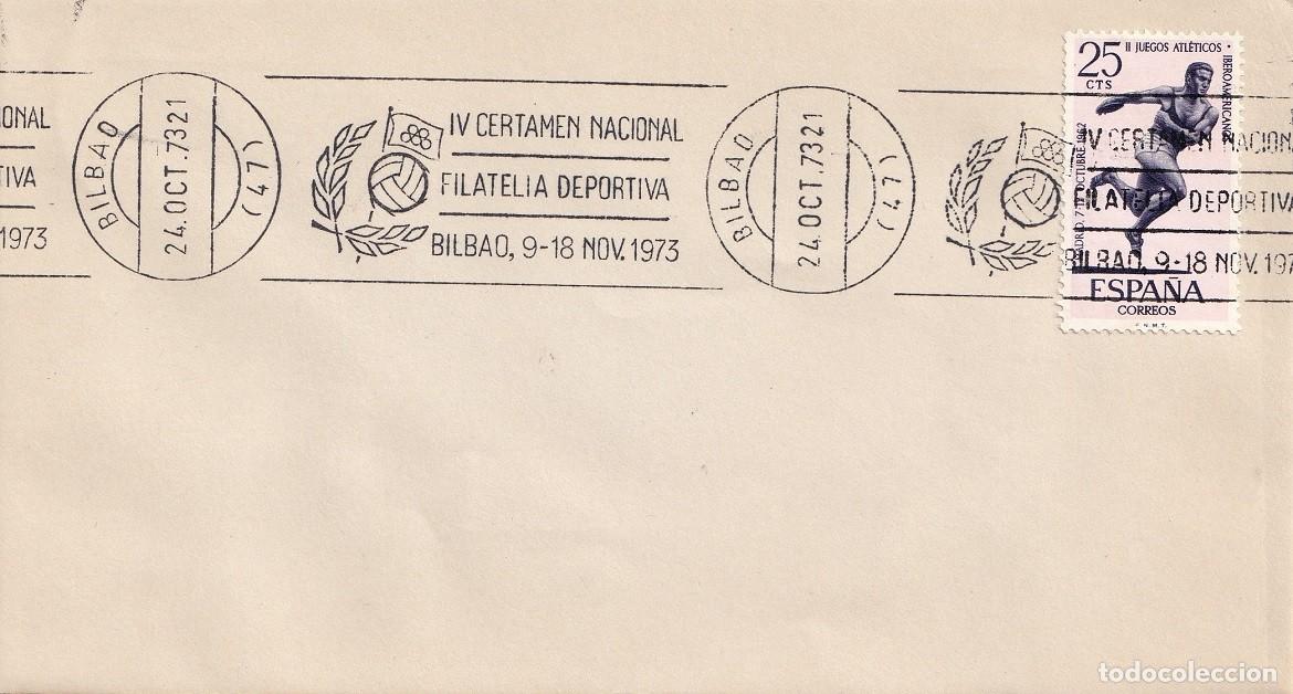 Sellos: Sobre Bilbao 1973 - Matasellos rodillo - IV Certamen Nacional filatelia deportiva - 9-18 Novie. 1973