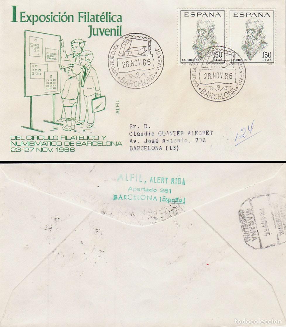 Sellos: A&ntilde;o 1966, primera exposicion filatelica juvenil de Barcelona, en sobre de Alfil circulado