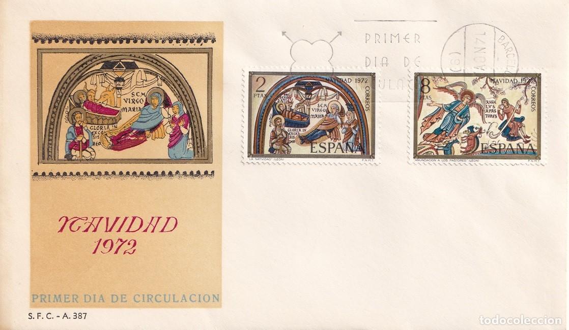 Sellos: SPD Barcelona 1972 FDC - Navidad - Pinturas de la bas&iacute;lica de San Isidoro , Le&oacute;n - Pesebre y &Aacute;ngeles