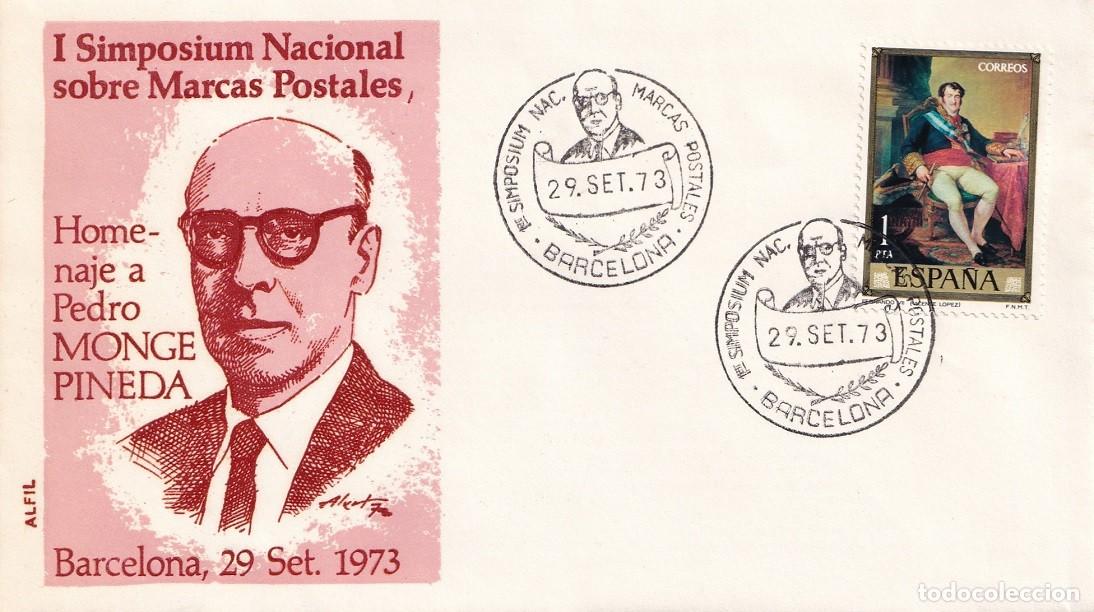Sellos: Sobre en Alfil Barcelona 1973 - I Simposium Nacional Marcas Postales - Homenaje a Pedro Monge Pineda