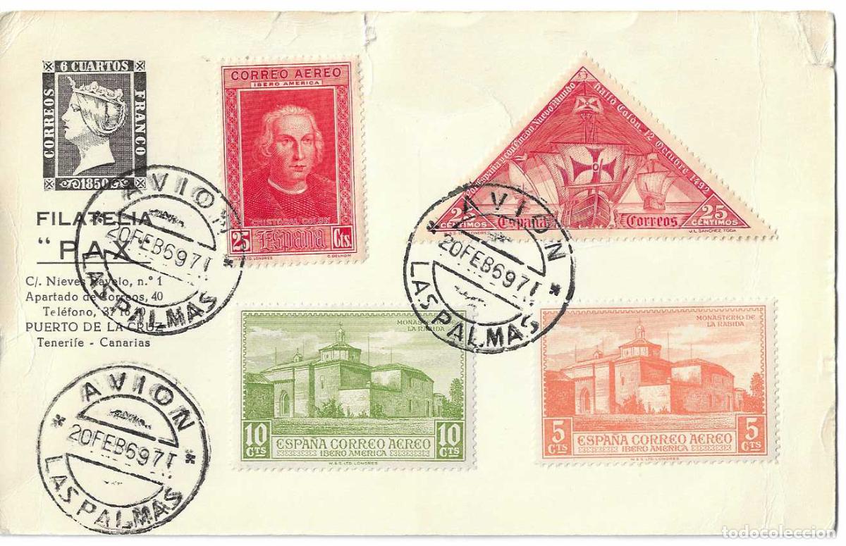 Sellos: RARO DESCUBRIMIENTO DE AMERICA 1930 (EDIFIL 539-548-549-552) TARJETA MATASELLO AVION LAS PALMAS 1969