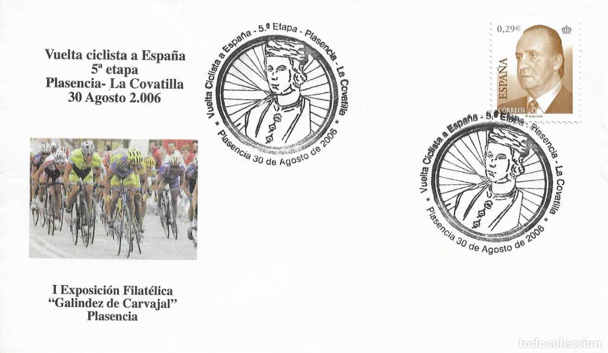 Sellos: CICLISMO VUELTA A ESPA&Ntilde;A 5&ordf; ETAPA PLASENCIA-LA COVATILLA, PLASENCIA (CACERES) 2006 MATASELLOS SOBRE