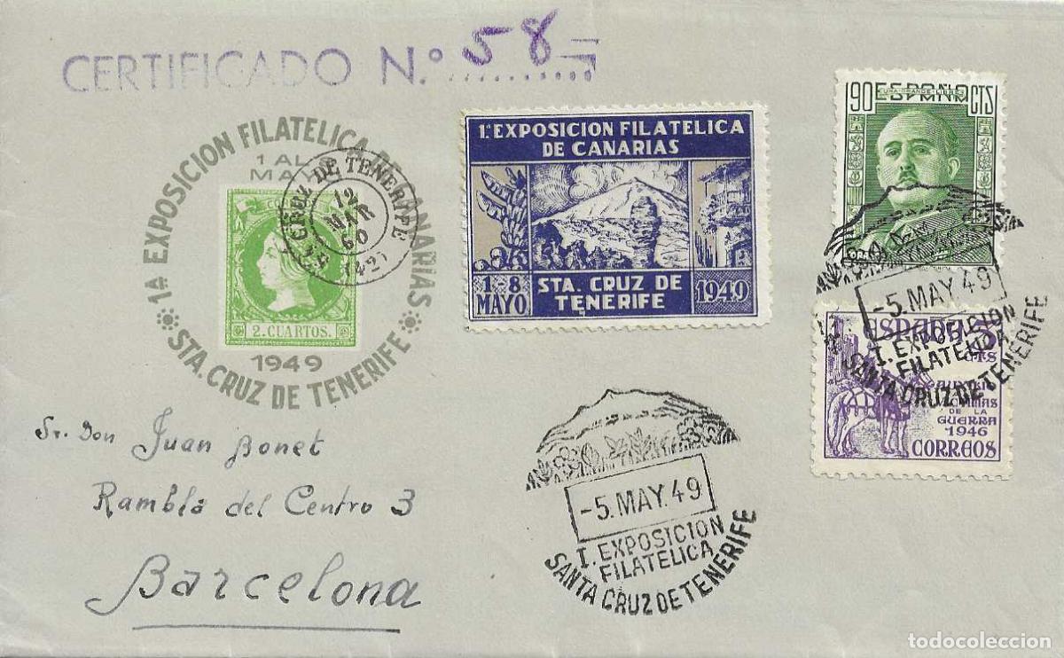 Sellos: RARO DOS VI&Ntilde;ETAS I EXPOSICION SANTA CRUZ TENERIFE (CANARIAS) 1949 MATASELLOS ENVUELTA CIRCULADA VER