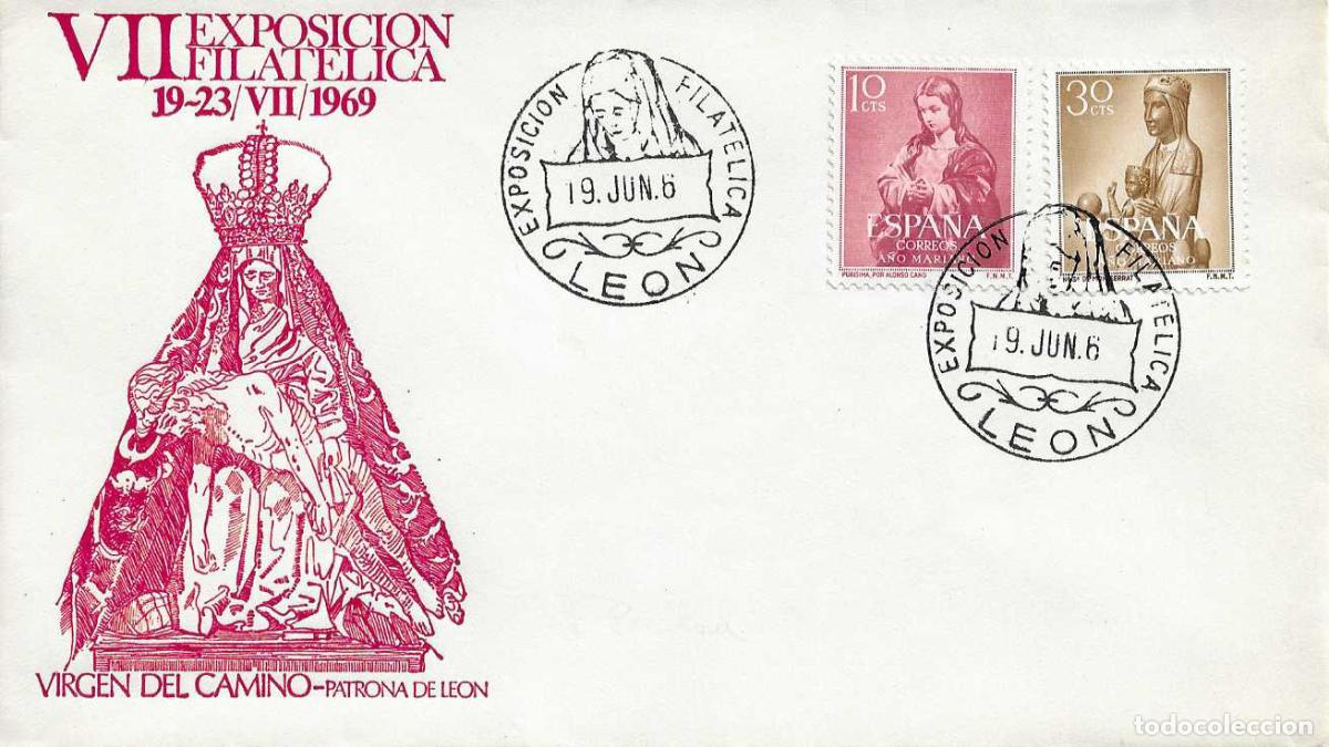 Sellos: VIRGEN DEL CAMINO VIII EXPOSICION, LEON 1969. MATASELLOS SOBRE ILUSTRADO RELIGION BONITO Y RARO ASI