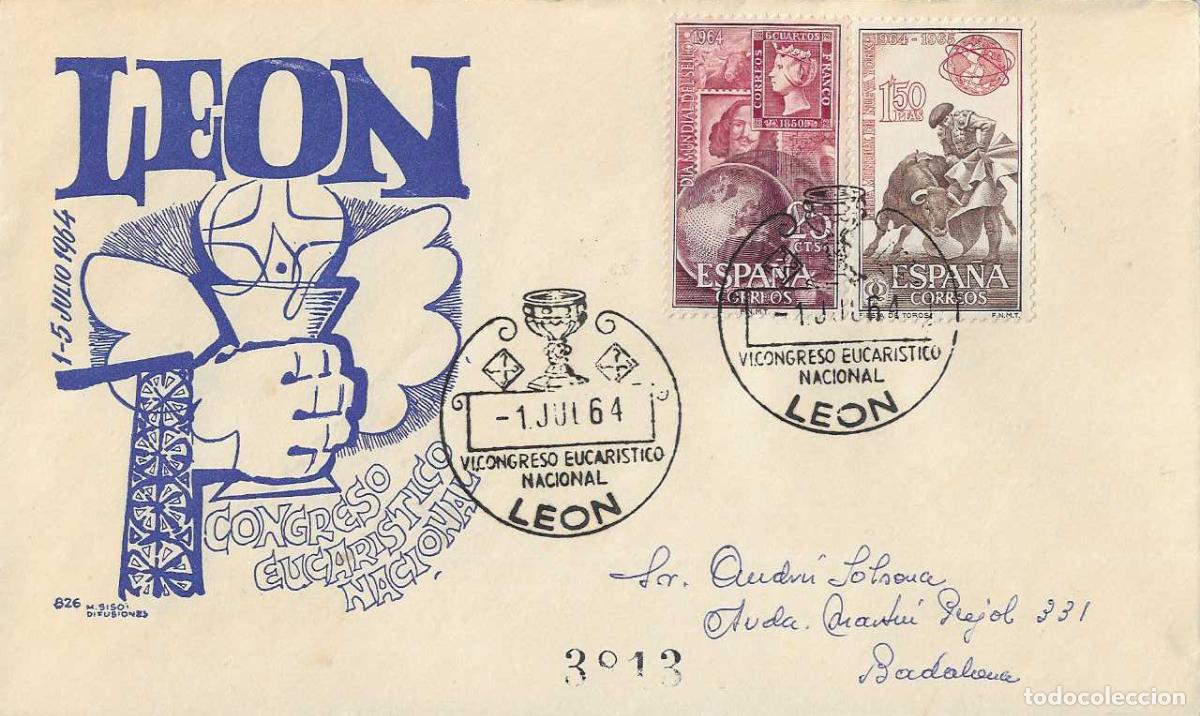Sellos: RELIGION VI CONGRESO EUCARISTICO NACIONAL, LEON 1964. RARO MATASELLOS EN SOBRE CIRCULADO DE MS
