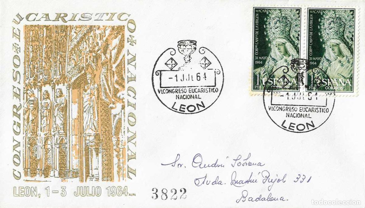 Sellos: RELIGION VI CONGRESO EUCARISTICO NACIONAL, LEON 1964. RARO MATASELLOS EN SOBRE CIRCULADO DE ALFIL