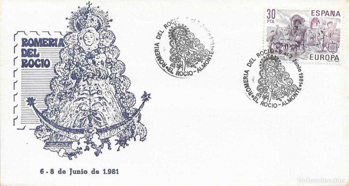 Sellos: ROMERIA DEL ROCIO, EL ROCIO ALMONTE (HUELVA) 1981. MATASELLOS EN RARO SOBRE ILUSTRADO RELIGION