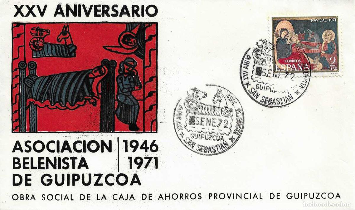 Sellos: NAVIDAD ASOCIACION BELENISTA GUIPUZCOA XXV ANIV SAN SEBASTIAN 5 ENERO 1972 MATASELLOS RARO SOBRE RWR