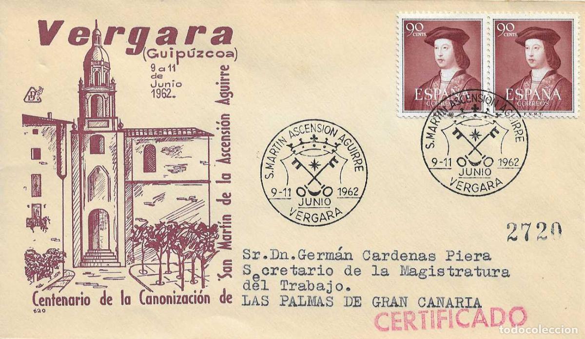 Sellos: SAN MARTIN ASCENSION AGUIRRE, VERGARA (GUIPUZCOA) 1962. MATASELLOS EN SOBRE CIRCULADO DE DP RWR