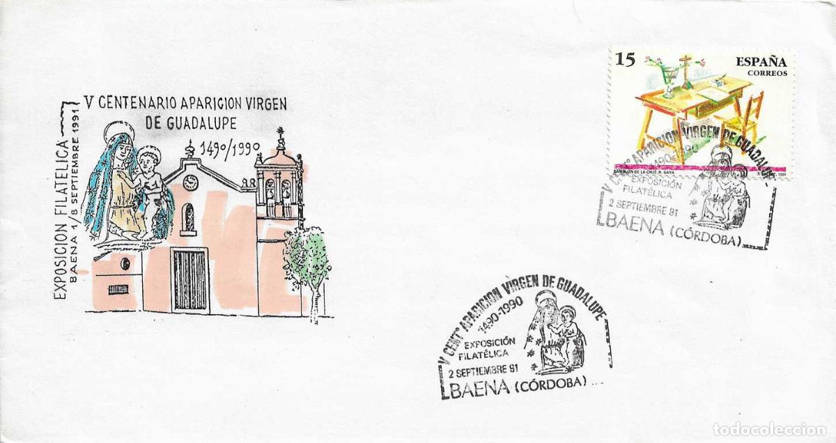 Sellos: VIRGEN DE GUADALUPE V CENTENARIO APARICION, BAENA (CORDOBA) 1991. RARO MATASELLOS EN SOBRE MODELO 3