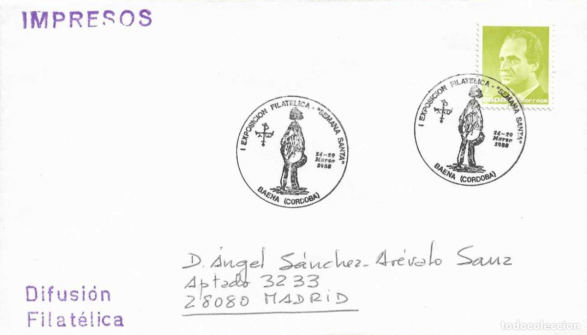 Sellos: SEMANA SANTA I EXPOSICION, BAENA (CORDOBA) 1988. MATASELLOS EN SOBRE CIRCULADO IMPRESOS RARO ASI RWR