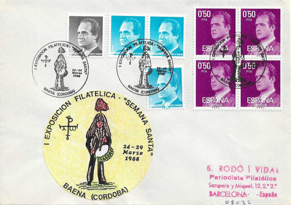 Sellos: RELIGION SEMANA SANTA I EXPOSICION, BAENA (CORDOBA) 1988. RARO MATASELLOS EN SOBRE ILUSTRADO