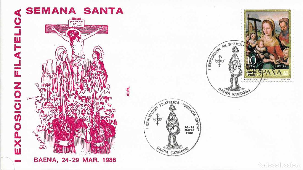 Sellos: RELIGION SEMANA SANTA I EXPOSICION, BAENA (CORDOBA) 1988. MATASELLOS EN SOBRE DE ALFIL RARO ASI