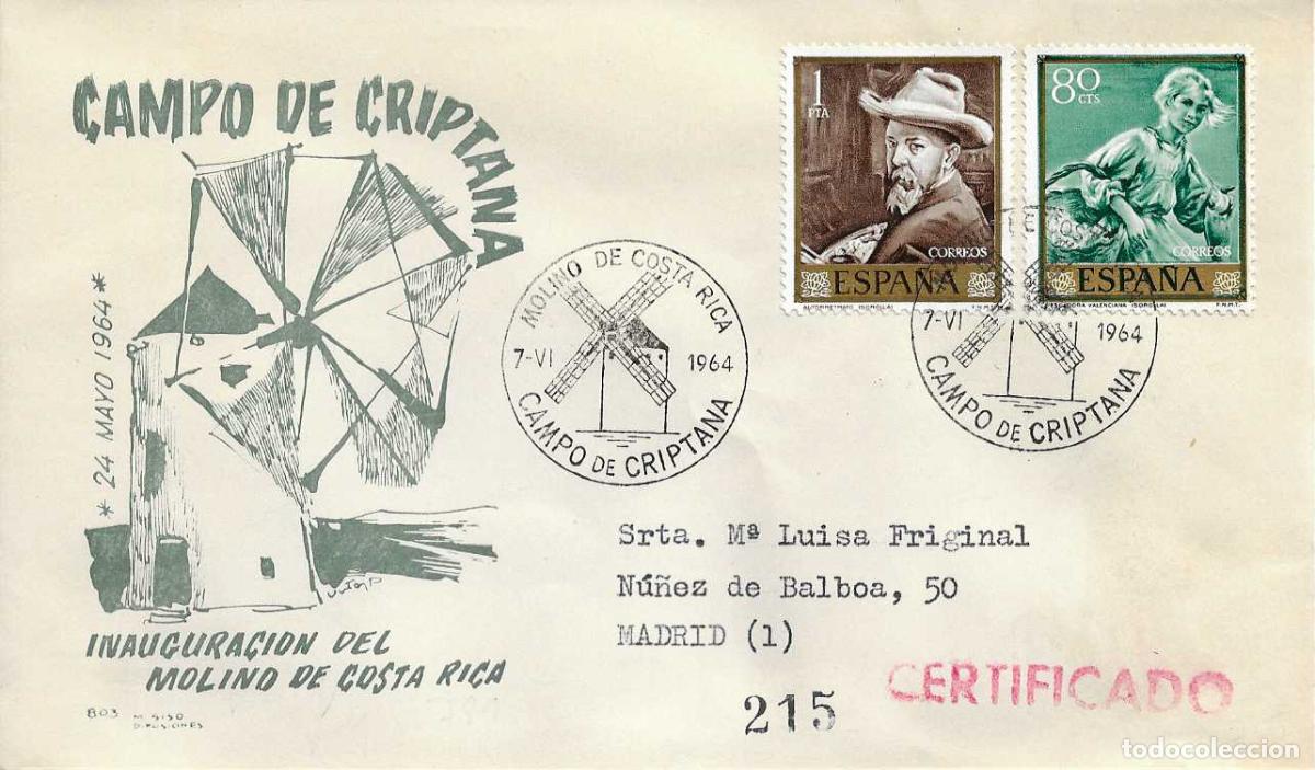Sellos: MOLINOS VIENTO INAUGURACION MOLINO COSTA RICA CAMPO DE CRIPTANA CIUDAD REAL 1964 MATASELLOS SOBRE MS