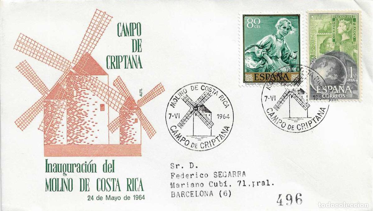 Sellos: MOLINOS VIENTO INAUGURACION MOLINO COSTA RICA CAMPO CRIPTANA CIUDAD REAL 1964 MATASELLOS SOBRE ALFIL