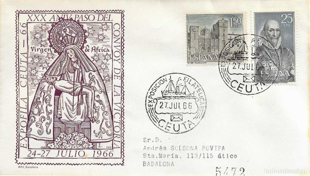 Sellos: BARCOS VIRGEN DE AFRICA PASO CONVOY VICTORIA, CEUTA 27 JULIO 1966. RARO MATASELLOS SOBRE ALFIL RWR