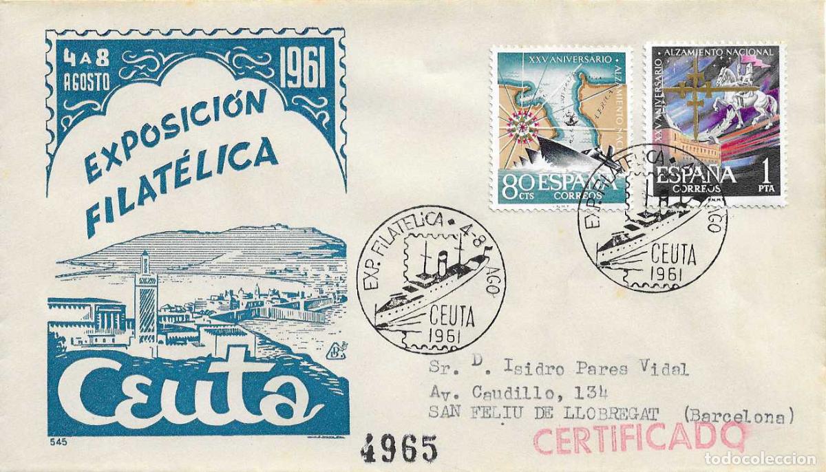 Sellos: BARCOS PASO CONVOY DE LA VICTORIA EXPOSICION XXV ANIV., CEUTA 1961. MATASELLOS EN SOBRE DP RARO RWR