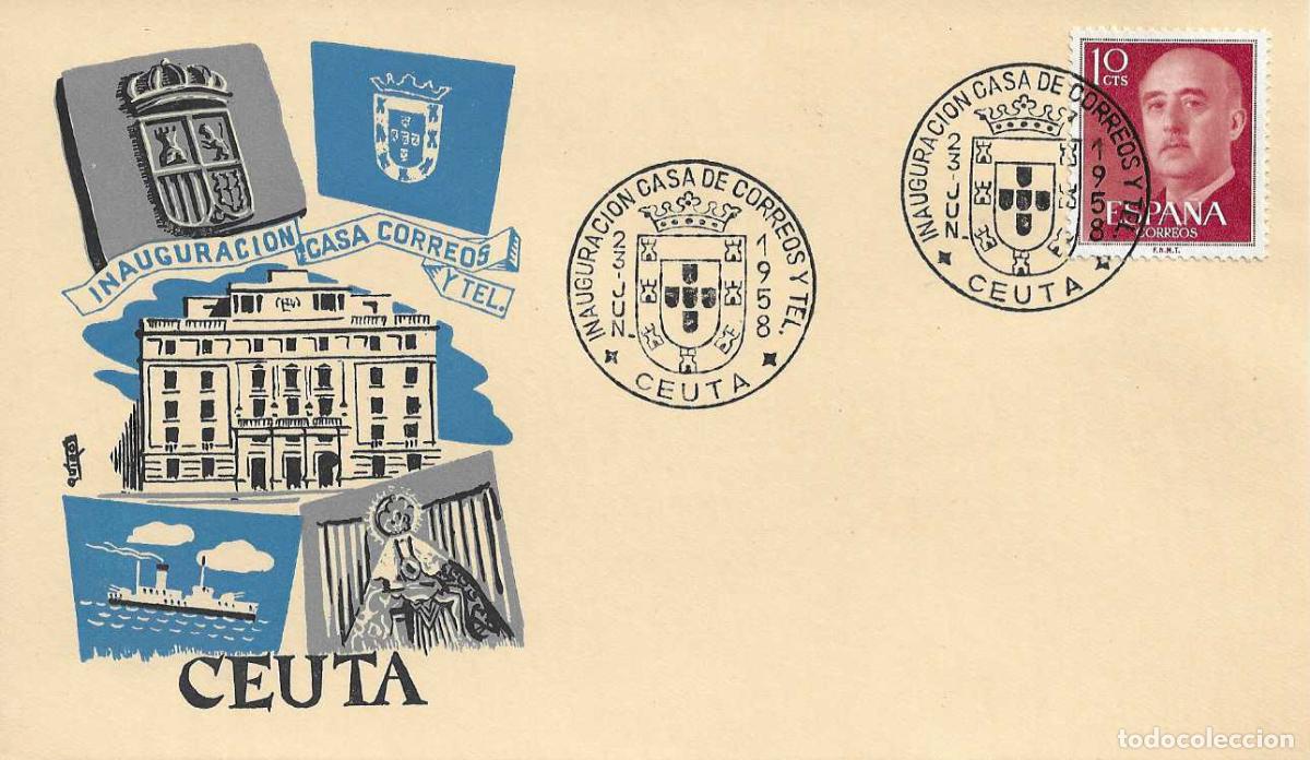 Sellos: INAUGURACION CASA DE CORREOS Y TELEGRAFOS, CEUTA 1958. MATASELLOS EN TARJETA ILUSTRADA RARO ASI RWR