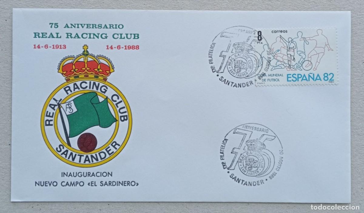 Sellos: 1988. ESPA&Ntilde;A. Sobre. F&uacute;tbol. 75 aniv. Real Racing Club de Santander. Inauguraci&oacute;n &rdquo;El Sardinero&rdquo;.