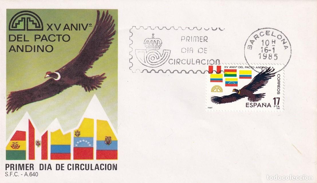 Sellos: SPD Barcelona 1985 - XV Aniversario del Pacto Andino - C&oacute;ndor y banderas de los pa&iacute;ses - Primer d&iacute;a