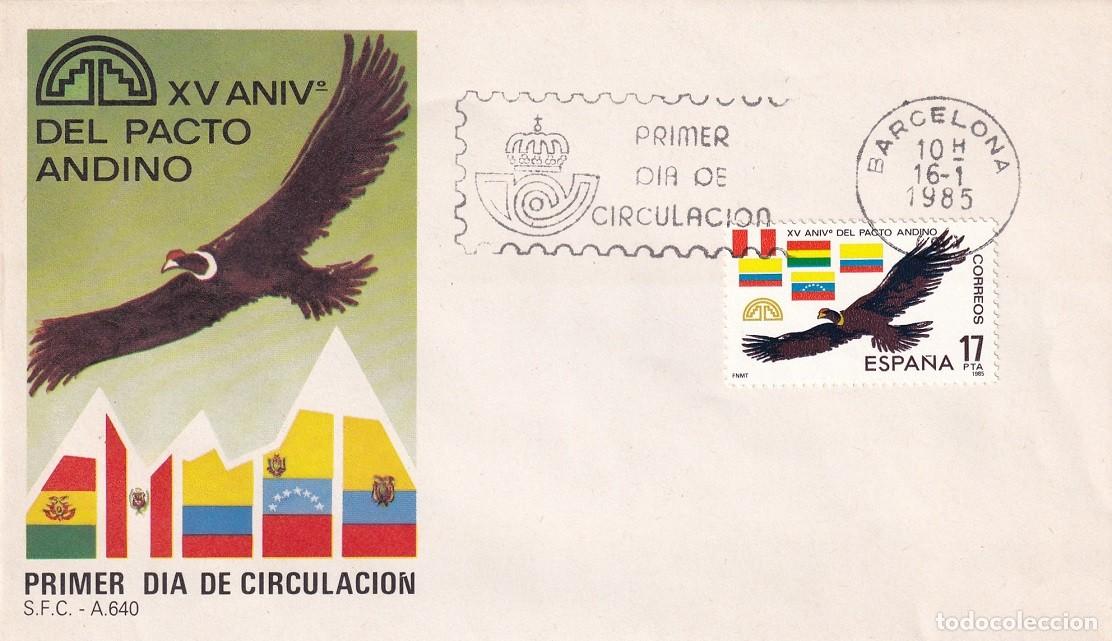 Sellos: SPD Barcelona 1985 - XV Aniversario del Pacto Andino - C&oacute;ndor y banderas de los pa&iacute;ses - Primer d&iacute;a