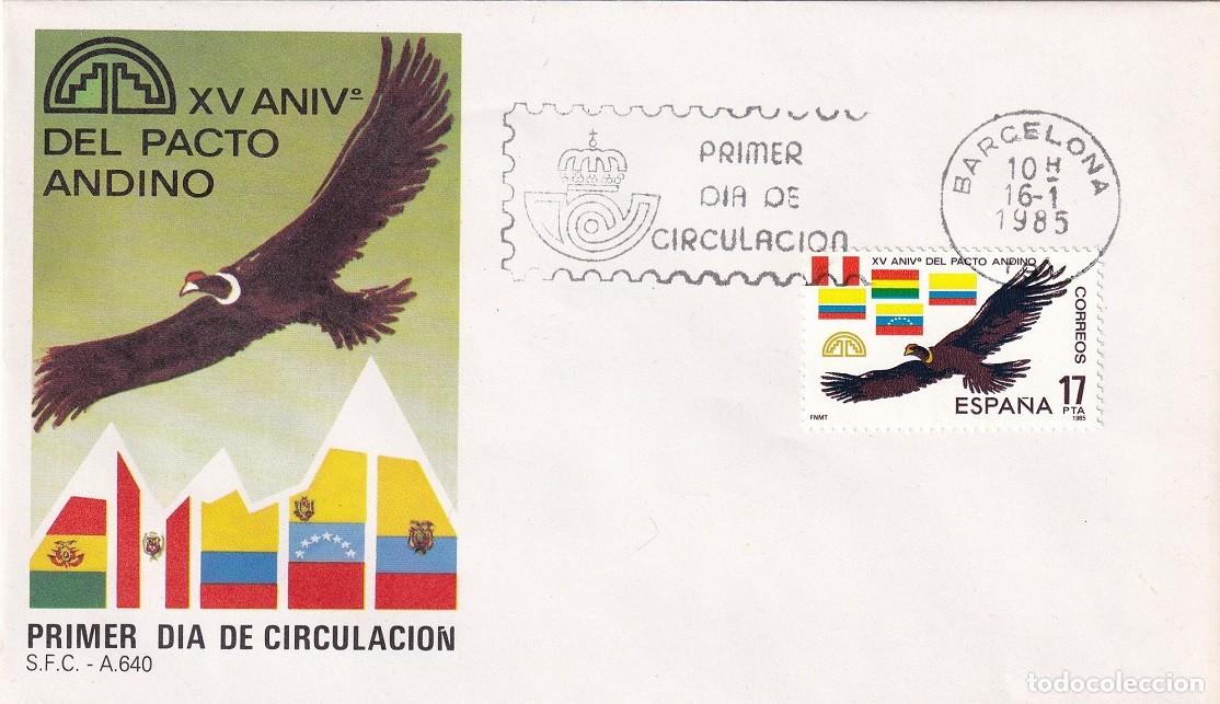 Sellos: SPD Barcelona 1985 - XV Aniversario del Pacto Andino - C&oacute;ndor y banderas de los pa&iacute;ses - Primer d&iacute;a