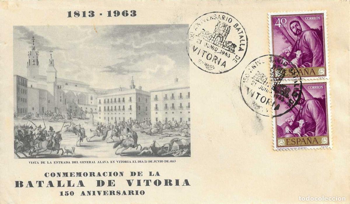 Sellos: GUERRA INDEPENDENCIA 150 ANIVERSARIO BATALLA DE VITORIA (ALAVA) 1963 MATASELLOS RARO SOBRE ILUSTRADO
