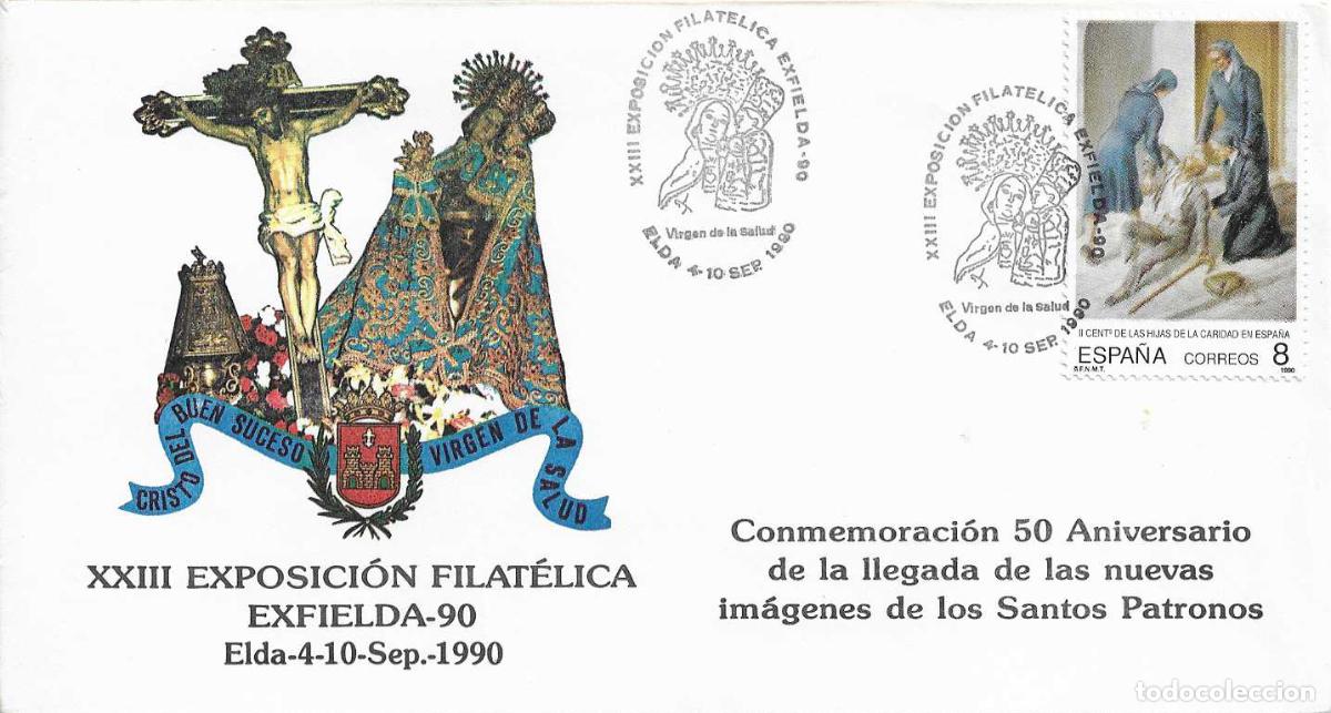 Sellos: VIRGEN DE LA SALUD XXIII EXPOSICION, ELDA (ALICANTE) 1990. MATASELLOS EN RARO SOBRE ILUSTRADO RWR