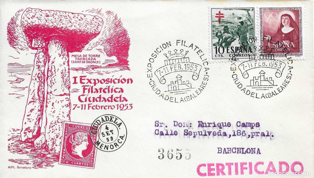 Sellos: MESA DE TORRE TRENCADA PREHISTORIA EXPOSICION, CIUDADELA (BALEARES) 1953. MATASELLOS SOBRE ALFIL RWR