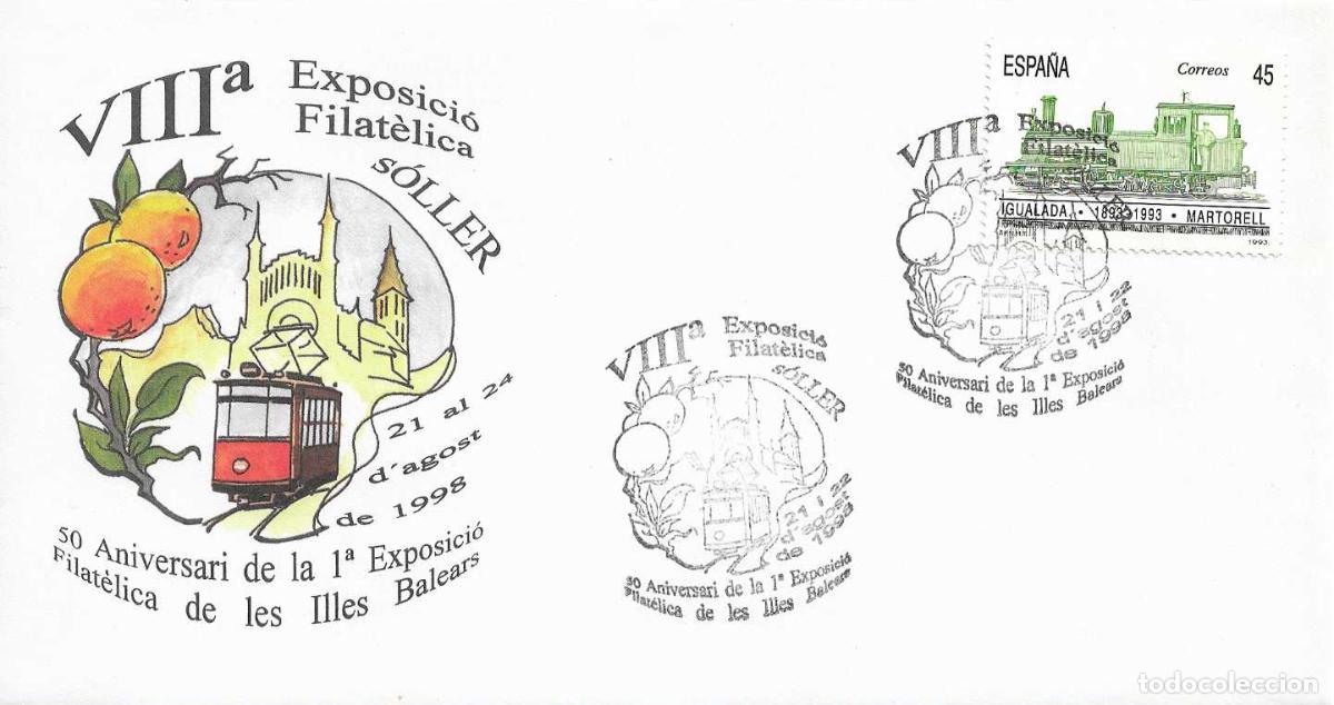Sellos: NARANJA TRANVIA 50 ANIVER 1&ordf; EXPOSICI&Oacute;N, SOLLER (BALEARES) 1998. RARO MATASELLOS SOBRE ILUSTRADO RWR