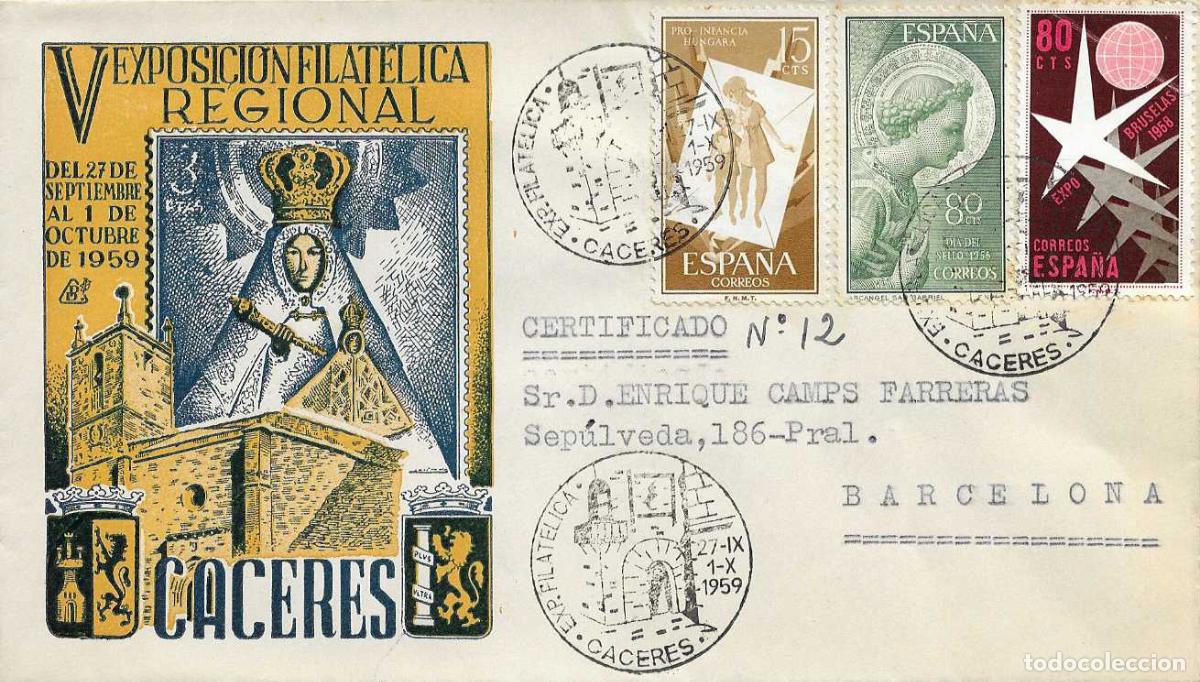 Sellos: V EXPOSICION FILATELICA REGIONAL, CACERES 1959. MATASELLOS SOBRE CIRCULADO DP MOD 2 VIRGEN GUADALUPE