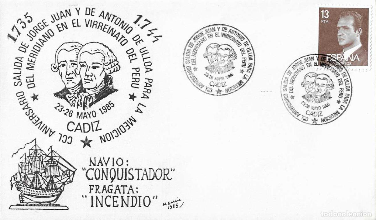 Sellos: JORGE JUAN Y ANTONIO DE ULLOA MEDICION MERIDIANO EN PERU CCL ANIVERSARIO, CADIZ 1985. MATASELLOS EN