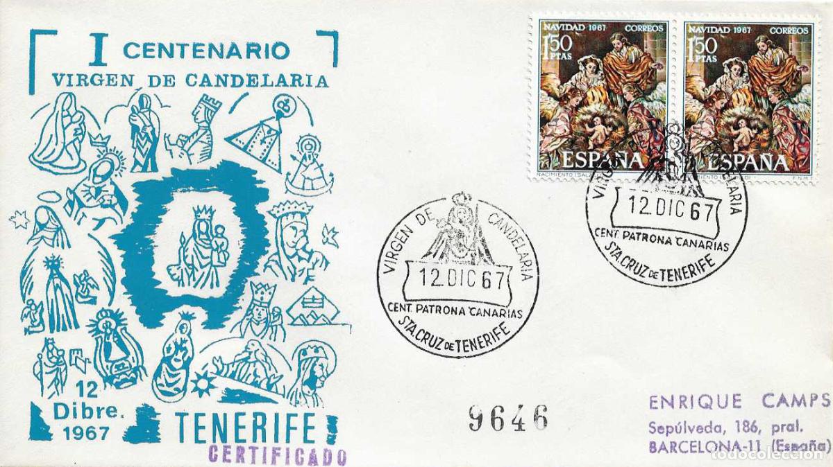 Sellos: VIRGEN DE CANDELARIA PATRONA CANARIAS SANTA CRUZ TENERIFE 1967 MATASELLO SOBRE CIRCULADO EG MUY RARO