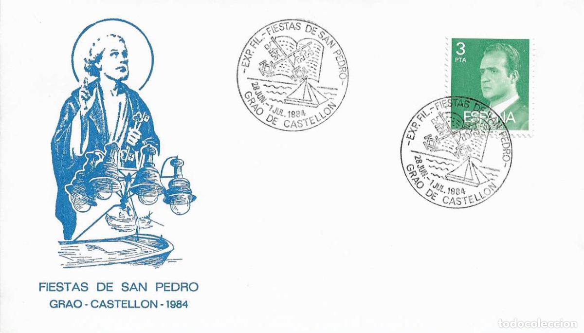 Sellos: SAN PEDRO EXPOSICION FIESTAS, GRAO (CASTELLON) 1984. MATASELLOS EN RARO SOBRE ILUSTRADO RELIGION RWR