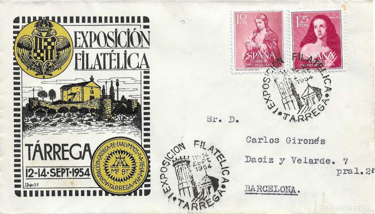 Sellos: IGLESIA DE SANTA MARIA I EXPOSICION, TARREGA (LERIDA) 1954. MATASELLOS EN SOBRE EO RELIGION RARO ASI